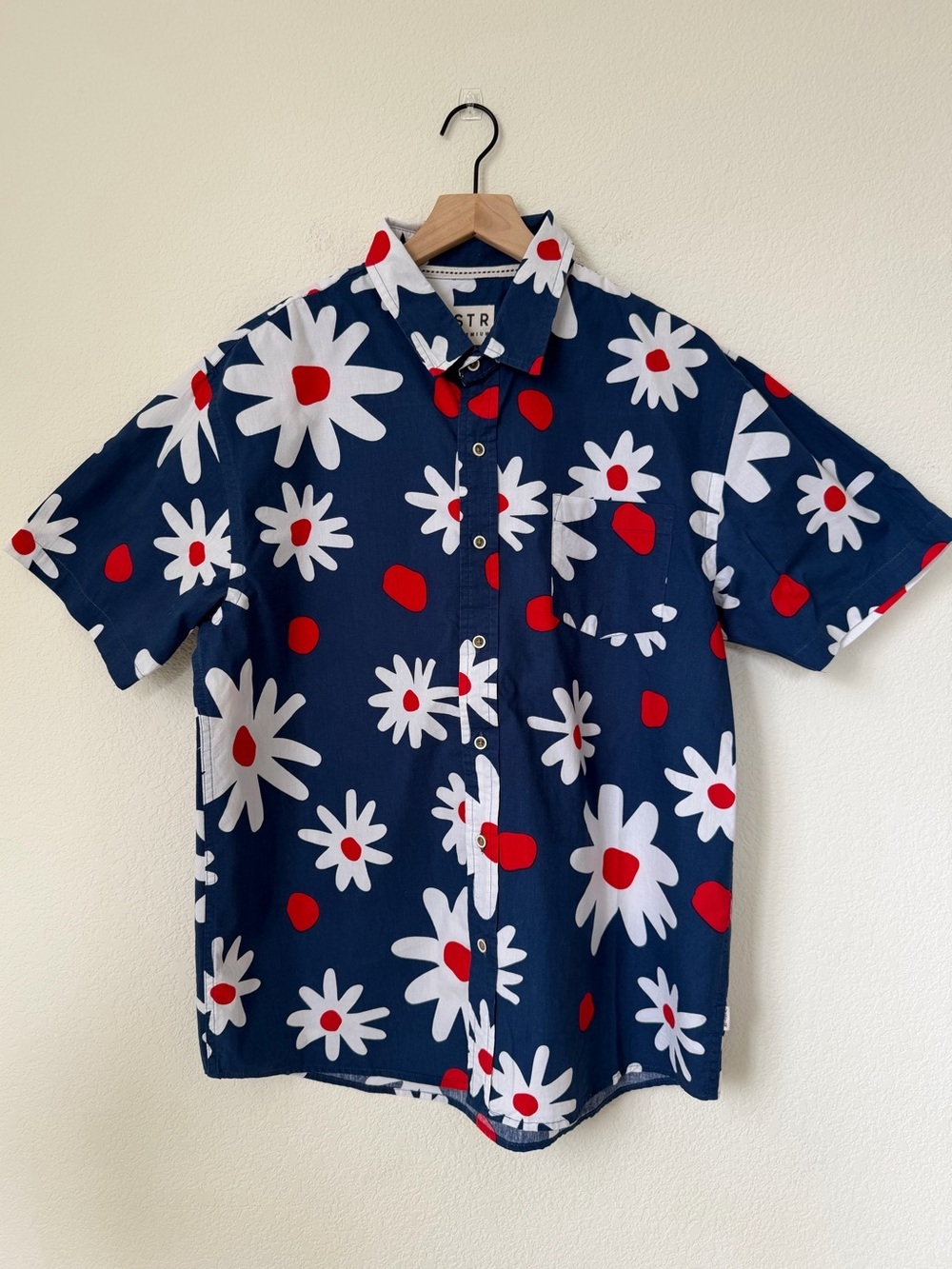 VSTR Premium Men's Navy Floral Short-Sleeve Button-Up Shirt Size XL